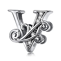 Bisaer 925 Sterling Silver Initial Letter V Charms For Bracelets Alphabet Beads Charm Jewelry Gifts