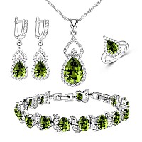 Lmxxvj Mystic Olive Green Teardrop Cubic Zirconia Jewelry Sets White Gold Platedtennis Ringbraceletearringspendantnecklace