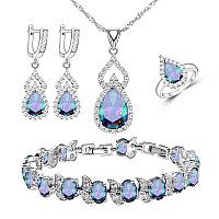 Lmxxvj Mystic Rainbow Fire Cubic Zirconia Jewelry Sets For Womenplatinum Plated Necklace Open Ring Earrings Tennis Bracelet Gif