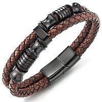 Coolsteelandbeyond Men Doublerow Rough Rusty Brown Braided Leather Bracelet Bangle Wristband With Black Steel Ornament