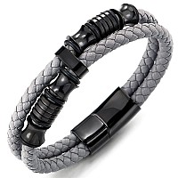 Coolsteelandbeyond Mens Doublerow Beige Grey Braided Leather Bracelet Bangle Wristband With Black Steel Ornaments