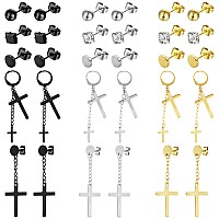 Newitin 15 Pairs Stainless Steel Stud Earrings For Men Hypoallergenic Earrings Cross Earrings Unisex Punk Earrings Men Earrings