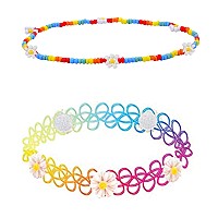 Bodyj4You 2Pc Choker Necklace Daisy Flower Pendant Boho Rainbow Tattoo Stretch Elastic 90S Jewelry Women Girl Teen Kids