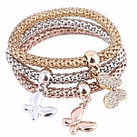 Silaner Crystal Charms Multilayer Bracelets 3Pcs Goldsilverrose Gold Corn Chain Bracelet For Women Solid Butterfly Charm Sh