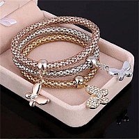 Silaner Crystal Charms Multilayer Bracelets 3Pcs Goldsilverrose Gold Corn Chain Bracelet For Women Solid Butterfly Charm Sh