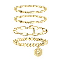 Doubgood Gold Beaded Bracelets For Women Stackable Gold Bracelets For Women Men 14K Real Gold Plated Stretch Bead Ball Bracelet