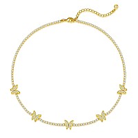 Luxval Tennis Necklace Butterfly 14K Gold Plated Choker Necklaces For Women Dainty Zirconia Cut Faux Diamond Chain 2Mm Width 14I