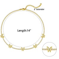 Luxval Tennis Necklace Butterfly 14K Gold Plated Choker Necklaces For Women Dainty Zirconia Cut Faux Diamond Chain 2Mm Width 14I