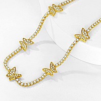 Luxval Tennis Necklace Butterfly 14K Gold Plated Choker Necklaces For Women Dainty Zirconia Cut Faux Diamond Chain 2Mm Width 14I