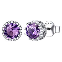 Chicsilver Purple Amethyst Crystal Solitaire Stud Earrings For Women 925 Sterling Silver 6Mm Round Cut Created Birthstone Gemst