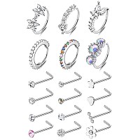 Musecloud 20G Nose Rings For Women Men 6Pcs Stainless Steel Nose Rings Hoops 12Pcs L Shape Nose Rings Studs Heart Cz 8Mm Cartila