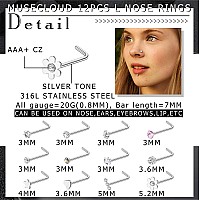 Musecloud 20G Nose Rings For Women Men 6Pcs Stainless Steel Nose Rings Hoops 12Pcs L Shape Nose Rings Studs Heart Cz 8Mm Cartila