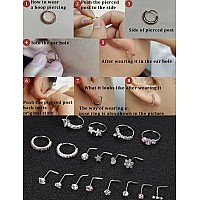 Musecloud 20G Nose Rings For Women Men 6Pcs Stainless Steel Nose Rings Hoops 12Pcs L Shape Nose Rings Studs Heart Cz 8Mm Cartila