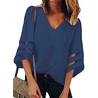 Blencot Women V Neck Chiffon Blouses 34 Bell Sleeve Lace Patchwork Tunic Shirts Casual Loose Tops Blue Large