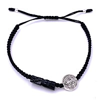 Leslie Boules Black Thread Genuine Azabache Hand Carved Bracelet For Men With Silver Plated Saint Benedict Round Connector Prote