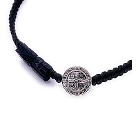 Leslie Boules Black Thread Genuine Azabache Hand Carved Bracelet For Men With Silver Plated Saint Benedict Round Connector Prote