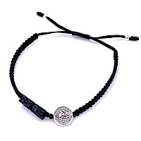 Leslie Boules Black Thread Genuine Azabache Hand Carved Bracelet For Men With Silver Plated Saint Benedict Round Connector Prote