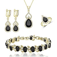 Lmxxvj 18K Yellow Gold Plated Jewelry Setsteardrop Black Stone Necklace Open Ring Earrings Tennis Bracelet Setwedding Birthday