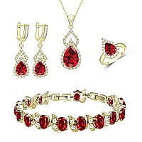 Lmxxvj Creatd Red Garnet Jewelry Sets 18K Yellow Gold Plated Earring And Necklace Set Open Ring Bracelet Jewelry Gifts For Momw