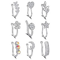 Vitacool 9Pcs Fake Nose Rings Hoop For Women Girls Faux Cartilage Tragus Ring Nose Cuff Non Piercing Jewelry Set