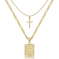 Keloris Path Gold Layered Initial Cross Necklace 14K Gold Plated Layering Square Letter Pendant Figaro Chain Cross Choker From