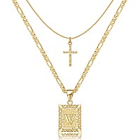 Keloris Path Gold Layered Initial Cross Necklace 14K Gold Plated Layering Square Letter Pendant Figaro Chain Cross Choker From