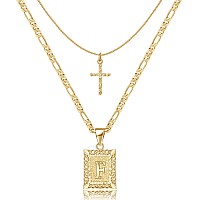 Keloris Path Gold Layered Initial Cross Necklace 14K Gold Plated Layering Square Letter Pendant Figaro Chain Cross Choker From