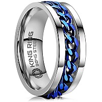 King Ring 8Mm Spinner Ring Fine Polished Flat Fidget Ring For Men Women With Cuban Chain Stainless Steel Ring Silver Blue