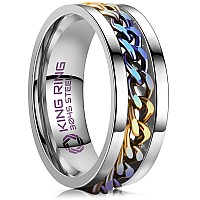 King Ring 8Mm Rainbow Spinner Ring Fine Polished Flat Fidget Ring For Men Women With Cuban Chain Stainless Steel Ring Sil