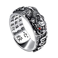 Hj Huaj 990 Silver Feng Shui Pixiu Adjustable Ring Mani Mantra Protection Wealth Ring