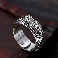 Hj Huaj 990 Silver Feng Shui Pixiu Adjustable Ring Mani Mantra Protection Wealth Ring