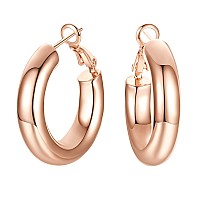 Shownii Chunky Rose Gold Hoop Earrings14K Rose Gold Plated Medium Chunky Tube Hoop Earrings For Women Lightweight Thick Hoops