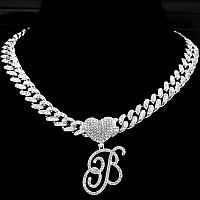 Ptjdsmf Cursive Silver Initial Pendant Necklaces Alphabet Pendant Miami Cuban Link Chain Necklace For Women Hip Hop Iced Out Let