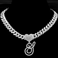 Ptjdsmf Cursive Silver Initial Pendant Necklaces Alphabet Pendant Miami Cuban Link Chain Necklace For Women Hip Hop Iced Out Let