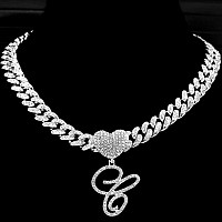 Ptjdsmf Cursive Silver Initial Pendant Necklaces Alphabet Pendant Miami Cuban Link Chain Necklace For Women Hip Hop Iced Out Let