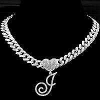 Ptjdsmf Cursive Silver Initial Pendant Necklaces Alphabet Pendant Miami Cuban Link Chain Necklace For Women Hip Hop Iced Out Let