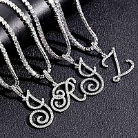 Ptjdsmf Cursive Silver Initial Pendant Necklaces Alphabet Pendant Miami Cuban Link Chain Necklace For Women Hip Hop Iced Out Let