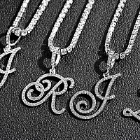 Ptjdsmf Cursive Silver Initial Pendant Necklaces Alphabet Pendant Miami Cuban Link Chain Necklace For Women Hip Hop Iced Out Let