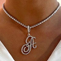 Ptjdsmf Cursive Silver Initial Pendant Necklaces Alphabet Pendant Miami Cuban Link Chain Necklace For Women Hip Hop Iced Out Let