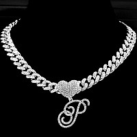 Ptjdsmf Cursive Silver Initial Pendant Necklaces Alphabet Pendant Miami Cuban Link Chain Necklace For Women Hip Hop Iced Out Let