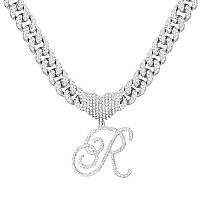 Ptjdsmf Cursive Silver Initial Pendant Necklaces Alphabet Pendant Miami Cuban Link Chain Necklace For Women Hip Hop Iced Out Let