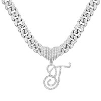 Ptjdsmf Cursive Silver Initial Pendant Necklaces Alphabet Pendant Miami Cuban Link Chain Necklace For Women Hip Hop Iced Out Let