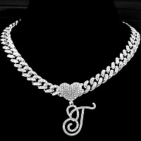 Ptjdsmf Cursive Silver Initial Pendant Necklaces Alphabet Pendant Miami Cuban Link Chain Necklace For Women Hip Hop Iced Out Let