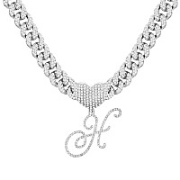 Ptjdsmf Cursive Silver Initial Pendant Necklaces Alphabet Pendant Miami Cuban Link Chain Necklace For Women Hip Hop Iced Out Let