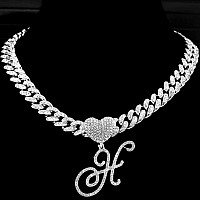 Ptjdsmf Cursive Silver Initial Pendant Necklaces Alphabet Pendant Miami Cuban Link Chain Necklace For Women Hip Hop Iced Out Let