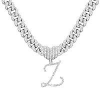 Ptjdsmf Cursive Silver Initial Pendant Necklaces Alphabet Pendant Miami Cuban Link Chain Necklace For Women Hip Hop Iced Out Let