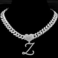 Ptjdsmf Cursive Silver Initial Pendant Necklaces Alphabet Pendant Miami Cuban Link Chain Necklace For Women Hip Hop Iced Out Let