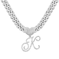 Ptjdsmf Cursive Silver Initial Pendant Necklaces Alphabet Pendant Miami Cuban Link Chain Necklace For Women Hip Hop Iced Out Let