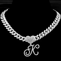 Ptjdsmf Cursive Silver Initial Pendant Necklaces Alphabet Pendant Miami Cuban Link Chain Necklace For Women Hip Hop Iced Out Let