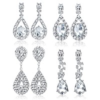 Thunaraz 4 Pairs Elegant Clip On Earrings For Women Crystal Teardrop Wedding Earrings Clip On Rhinestone Formal Chandelier Dangl